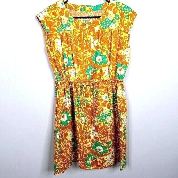 Vintage 1960s Orange Floral Print Sleeveless Dress With Belt Gathered Waist Wome - Picture 1 of 5